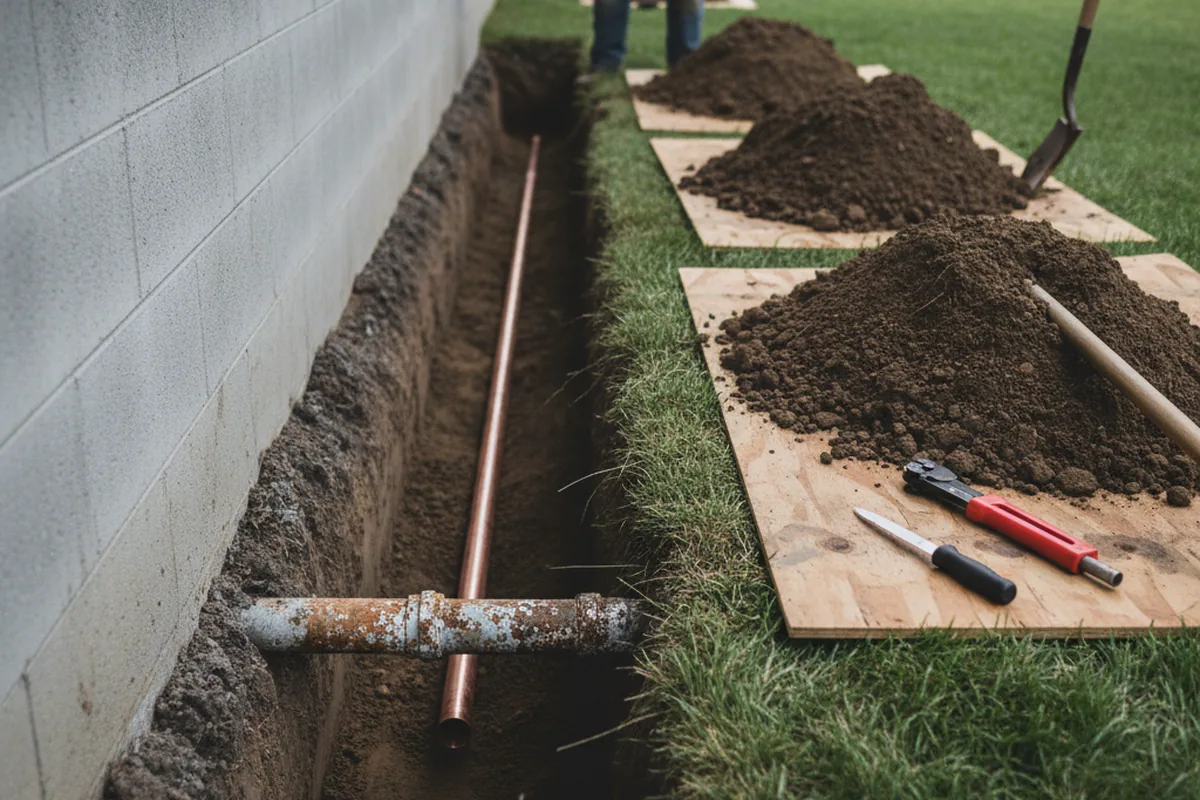 Excavated water line trench during Sewer Line Repair in Manville